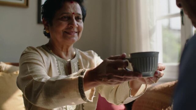 Smiling senior Indian woman extending cup in sunlit room wearing cream tunic, biscuits for guest