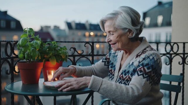 Holding envelope, woman in cardigan at balcony table with candle and cookies, sliding card to read