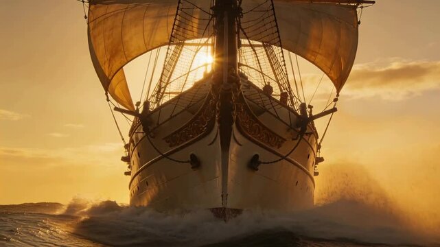 Sailing large three-mast ship charging toward lens at sunset, wind filling sails crew in jackets