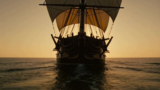 Wind filling sails, tall square-rigged ship moving toward camera on calm sea, with silhouetted crew