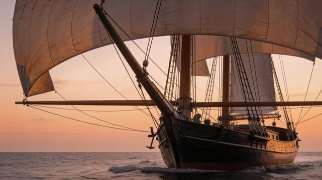 Moving two-masted wooden sailing ship approaching camera at sunset, forward sail filling with wind