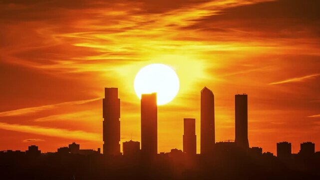 Timelapse of the sun over the city during an extreme heat day, the result of a heatwave driven by climate change.