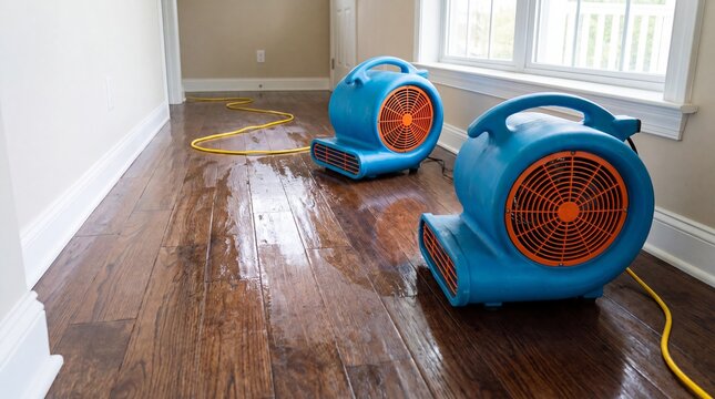 Two blue air blower fans drying wet hardwood floor in home room. Water damage restoration after flooding with hoses and window light.