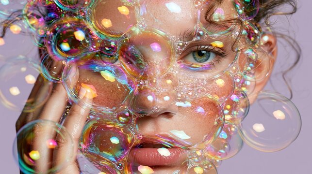 Young woman with iridescent soap bubbles covering her face in surreal pop art style featuring vibrant rainbow reflections and a playful aesthetic on a soft purple background.
