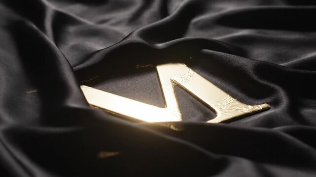 Golden Letter M on Black Silk Fabric Luxury Reveal Elegant Motion