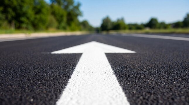 White arrow painted on dark asphalt road pointing forward. The road stretches into the distance with green trees lining the sides.