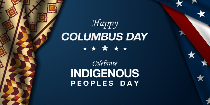 Ocrober 12 is Indigenous Peoples Day. Indigenous fabric and american flag. Suitable for posters, banners and social media. Blue background.