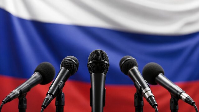 Microphones at press conference against blurred Russian flag. Rows of black microphones prepared for official speech in Russia. Choice, the right to vote and democracy concept.
