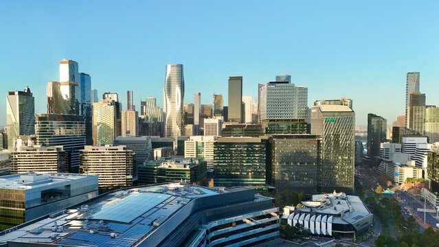 Melbourne CBD, Victoria, Australia &ndash; 4K aerial drone view of modern city skyline, Yarra River, high-rise skyscrapers, contemporary architecture