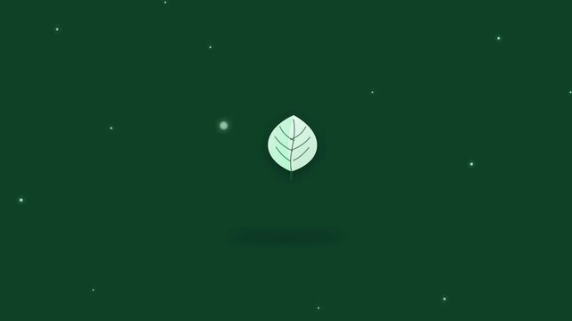 Minimalist green leaf animation with floating particles on dark background, nature ecology environment