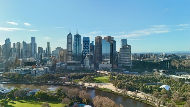 Melbourne CBD, Victoria, Australia &ndash; 4K aerial drone view of modern city skyline, Yarra River, skyscrapers and waterfront architecture, parklands
