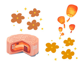 Mooncake cut open with glowing lantern and autumn flowers © Zainab