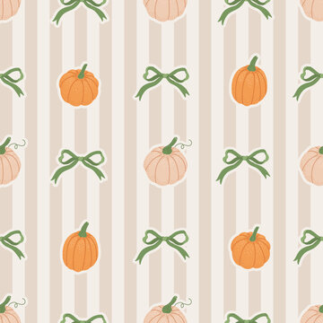 Fall preppy seamless pattern with green bowknots and cute pumpkins. Autumn elegance design on beige striped background. Vintage print for fabric, wallpaper or wrapping paper