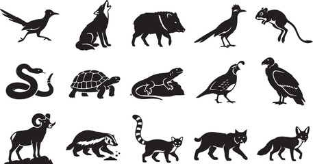 Obraz premium Set of black silhouettes of north american desert animals including roadrunner, coyote, rattlesnake, tortoise, bighorn sheep, and vulture