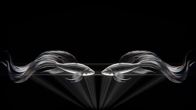 Long fish tails sweeping like flames in mirrored pattern on black background, flowing monochrome seamless VJ loop