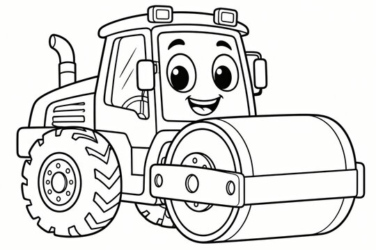 Cute cartoon road roller construction vehicle character in a simple black line style