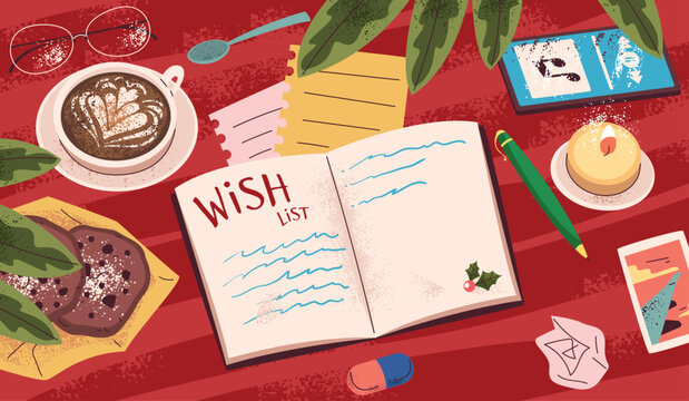 Christmas wish list. Letter to santa notebook table, xmas workplace desk top view gift card present kid hand paper note pen children winter holiday dream claus vector illustration