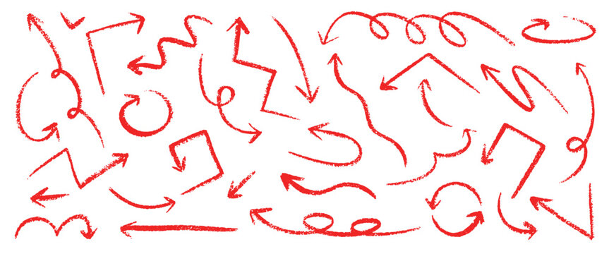 Crayon red arrows. Hand draw arrow sketch, crayons brush doodle pencil pastel stroke line circle texture swirly round wave grow handwritten squiggles abstract vector illustration