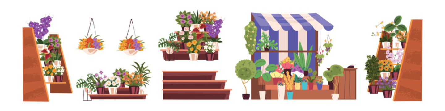 Flower shop shelf. Floristry retail store shelves, florist market stall kiosk counter interior decoration element flowerpot flowers plant vase set isolated vector illustration