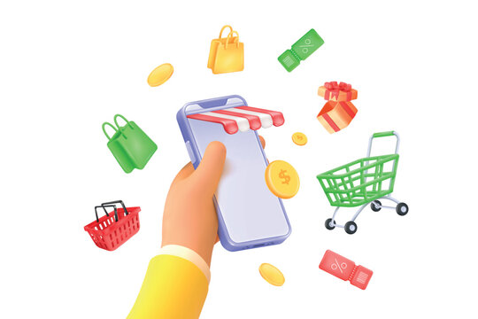 3d mobile shopping. Online shop phone digital store sale, hand hold smartphone buy shop bag cart gift coupon discount voucher internet commerce market realistic vector illustration