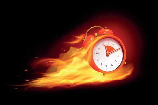 Alarm clock fire. 3d timer sale countdown red flame time speed hot discount price alert warning burn deadline fast promotion urgency notice rapid hour realistic vector illustration