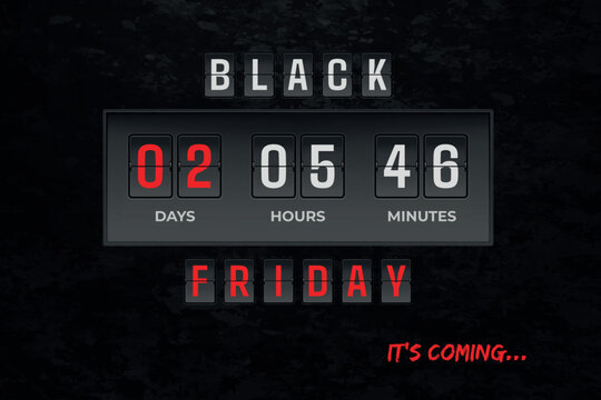 Black friday countdown. Flip board timer big sale scoreboard count down shopping week alarm discount price special urgent offer announcement poster 3d realistic vector illustration
