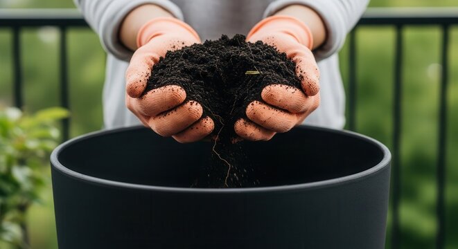Person wearing gloves holding rich dark soil over a planting pot. Gardening and plant care concept.