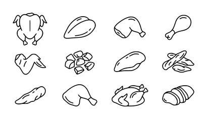 Obraz premium Chicken Poultry Meat Cuts Minimal Linear Vector Icons