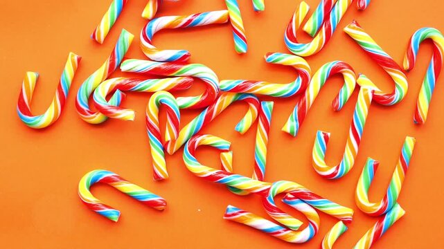 A vibrant collection of colorful candy canes arranged on an orange background, a festive and sweet visual display capturing a holiday spirit