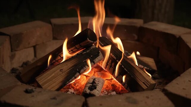 Bright campfire burning inside a circular outdoor brick fireplace pit