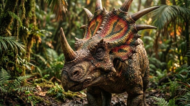 A detailed digital illustration featuring a heavily armored dinosaur with vibrant scales and horns standing inside a lush tropical jungle environment with green ferns