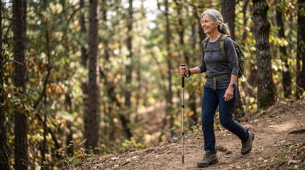 Fototapeta premium Active senior living a fulfilling life. A mature woman is happily hiking with poles along a rugged trail in a sunny forest.