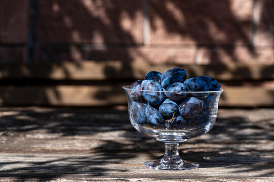 Fresh ripe blue plums in glass bowl on wooden table. Sweet organic damson plums with natural bloom in elegant glass vase on rustic wood surface with hard shadows from leaves, autumn harvest concept