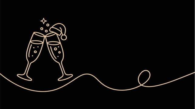 Champagne Glasses Toast with Santa Hat Continuous Line Art on Black Background for Christmas and New Year Celebration Banner