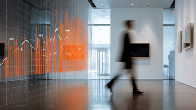 Business professional walks past digital finance charts projected onto large modern glass office lobby wall display