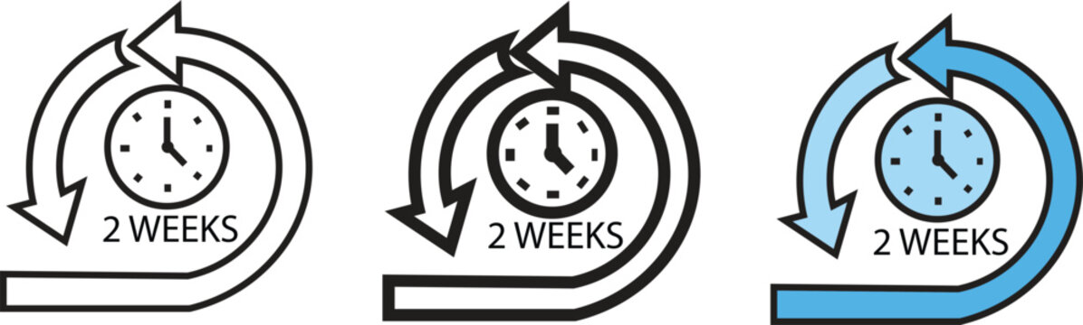 Agile sprint cycle 2 weeks loop icon set in thin line, bold stroke, and blue flat styles.