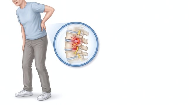 Person experiencing back pain with detailed illustration of a herniated disc and nerve compression