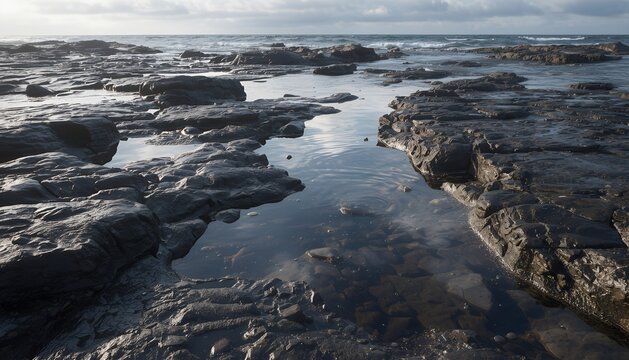 Scenic view of dark volcanic rock formations with tide pools along the rugged ocean coastline during sunset