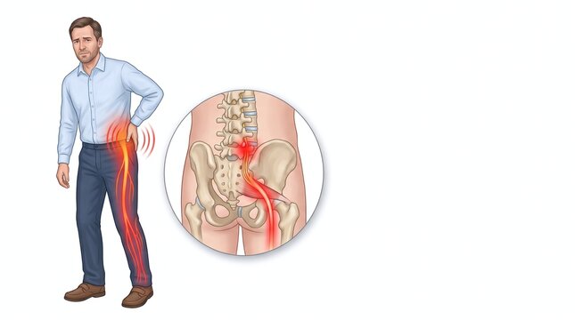 Man experiencing hip pain with sciatic nerve illustration showing inflammation and pressure