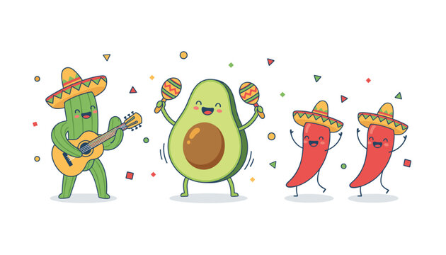 Cute cartoon character set celebrating Mexican fiesta with cactus playing guitar, avocado dancing with maracas.