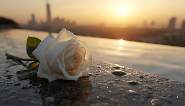 A single beautiful white rose resting on a wet stone surface overlooking a blurred city skyline during a golden sunset hour scene