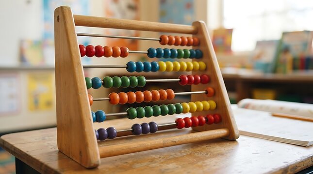 Wooden abacus with colorful beads on a classroom desk