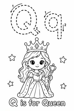 Letter Q alphabet coloring page for kids with a cute queen illustration