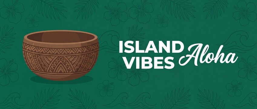 Hawaiian kava bowl vector illustration with carved tribal patterns on a dark green tropical background, featuring Aloha text for Polynesian culture, summer holiday banner, and island design.