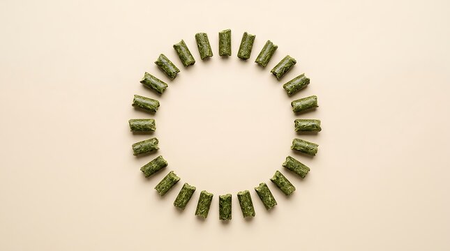 A circular arrangement of green alfalfa pellet feed for livestock nutrition displayed on a neutral beige background