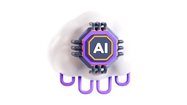 Three-dimensional digital illustration of a futuristic computer processor chip integrated into a cloud computing network structure, studio view