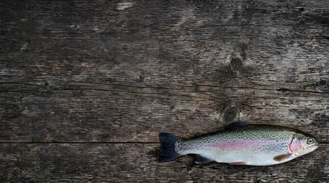 Freshly caught trout on weathered wooden surface
