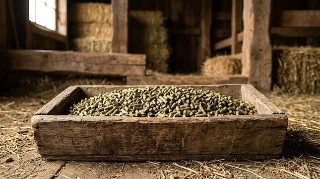 A wooden bin filled with nutritious alfalfa pellet feed inside a rustic barn for horse and livestock nourishment