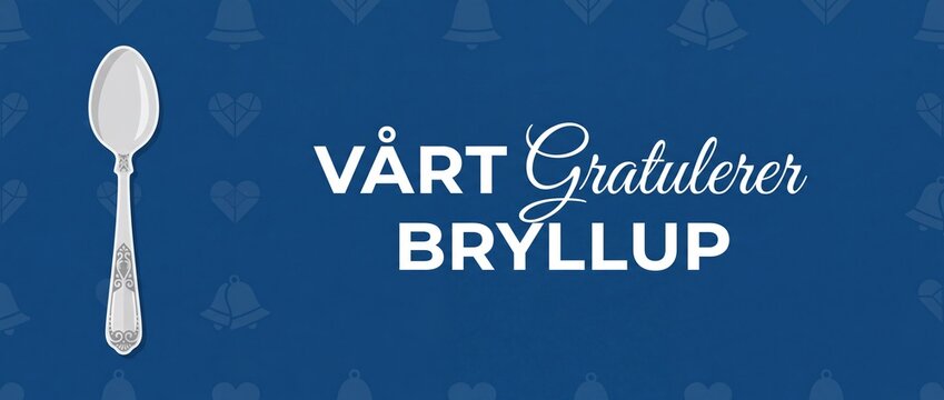 Norwegian wedding silver spoon banner congratulation card on blue background featuring Scandinavian typography Vart Gratulerer Bryllup text for traditional marriage greeting post card design vector