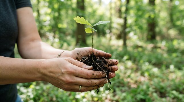 Hands holding a small oak tree seedling with roots in soil